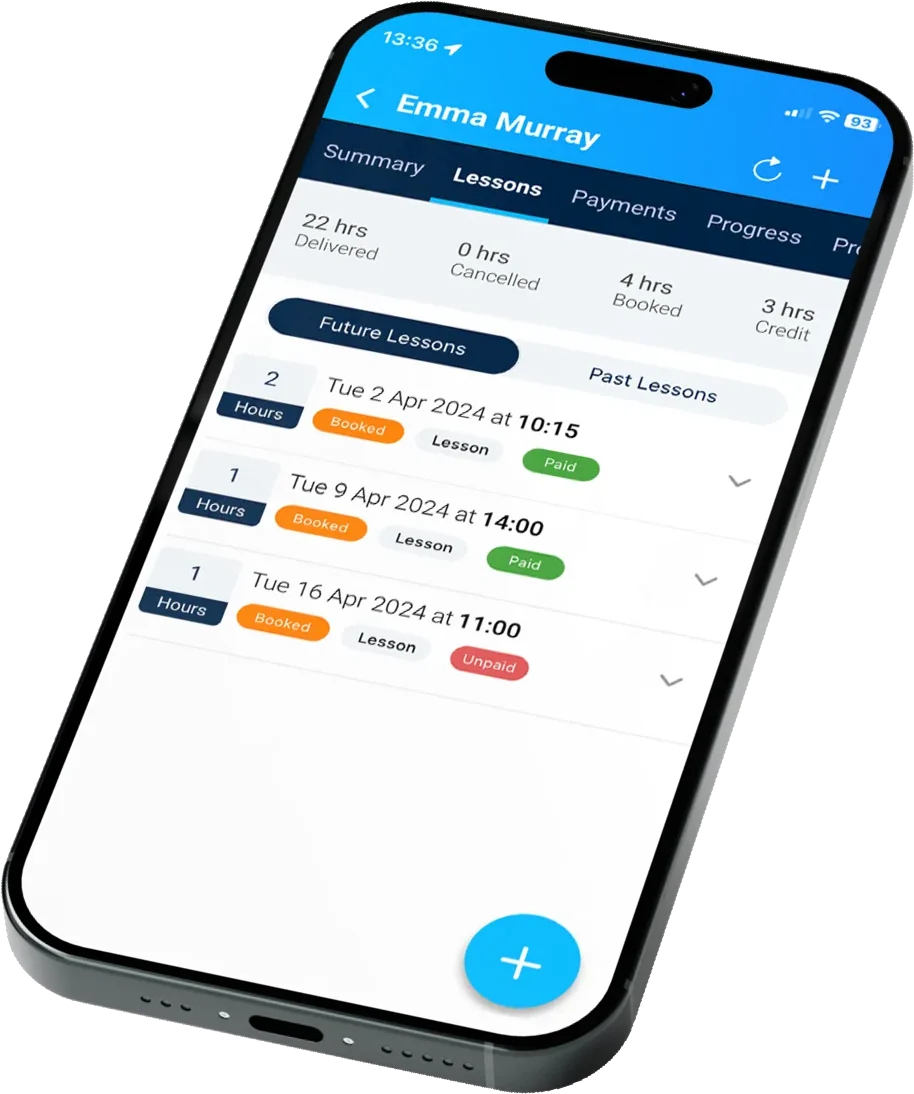 The Total Drive app on a phone, showing a learner's lesson diary with upcoming lessons, dates and payment status.